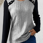 Damen Pullover Langarmshirt mit Kontrastärmeln und Knopfdetail am Rundhals