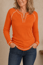 Damen Waffelstrick Henley Shirt mit Kontrastnähten