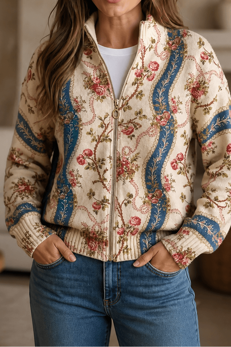 Botanischer Strick-Cardigan mit durchgehendem Reissverschluss für Damen