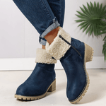 Damen Stiefeletten aus Wildlederimitat mit Plüschrand und Schnallendetail am Blockabsatz