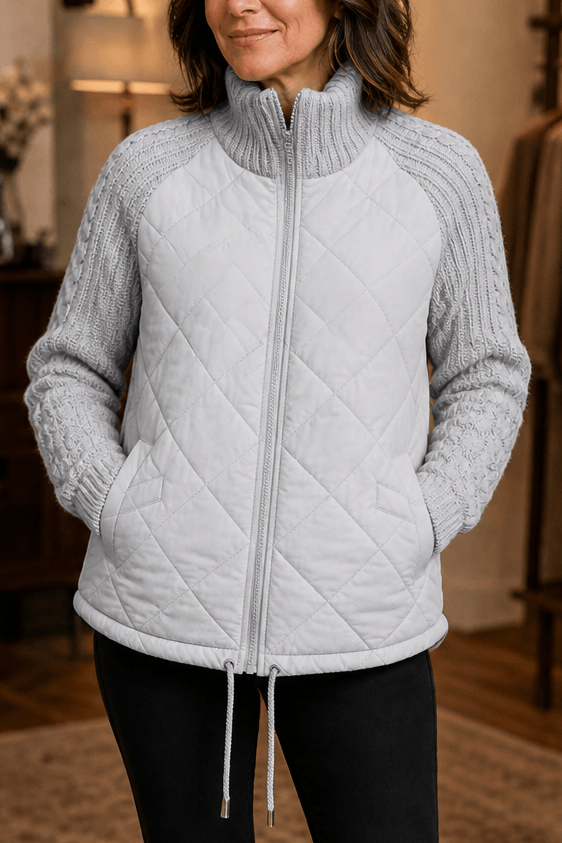Damen Steppjacke mit Strickbesatz an Bund Ärmeln und Kragen im Patchwork-Design