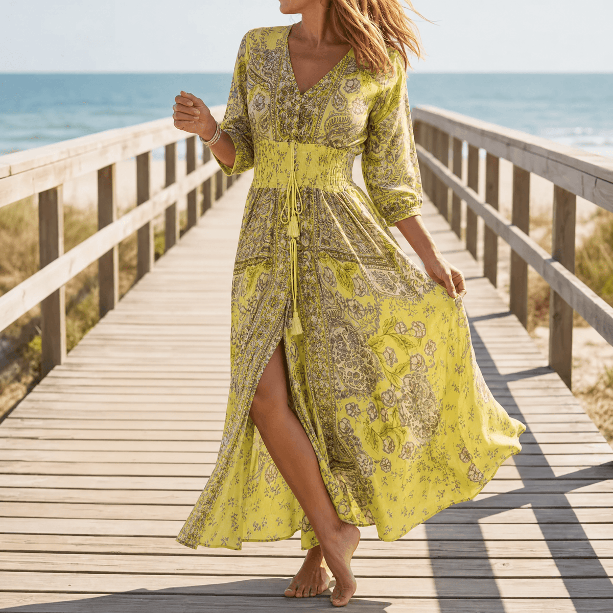 Fliessendes Boho-Maxikleid mit Blumendruck und V-Ausschnitt