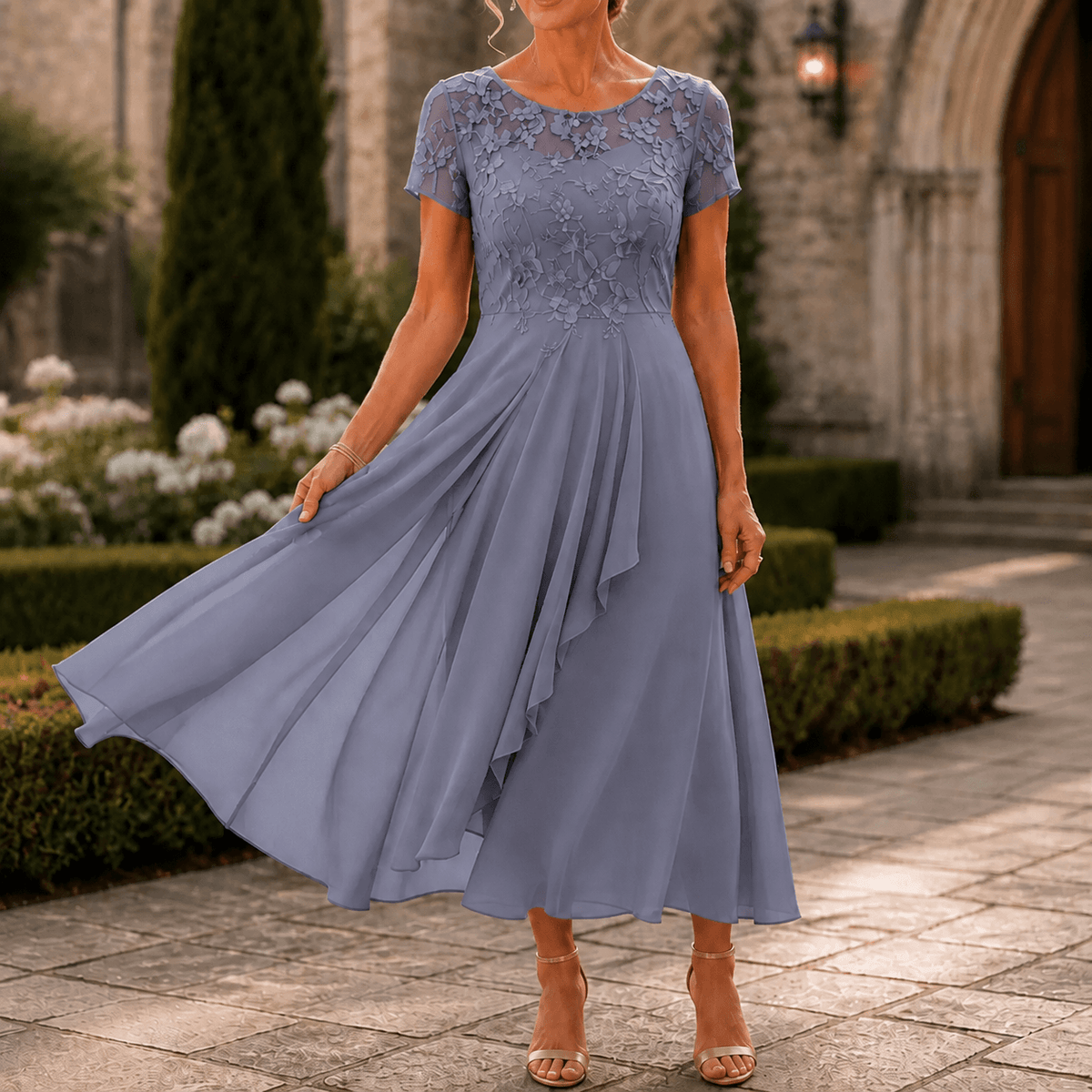 Blumen-Midikleid für Damen aus Spitze mit Chiffon-Rock und kurzen Ärmeln