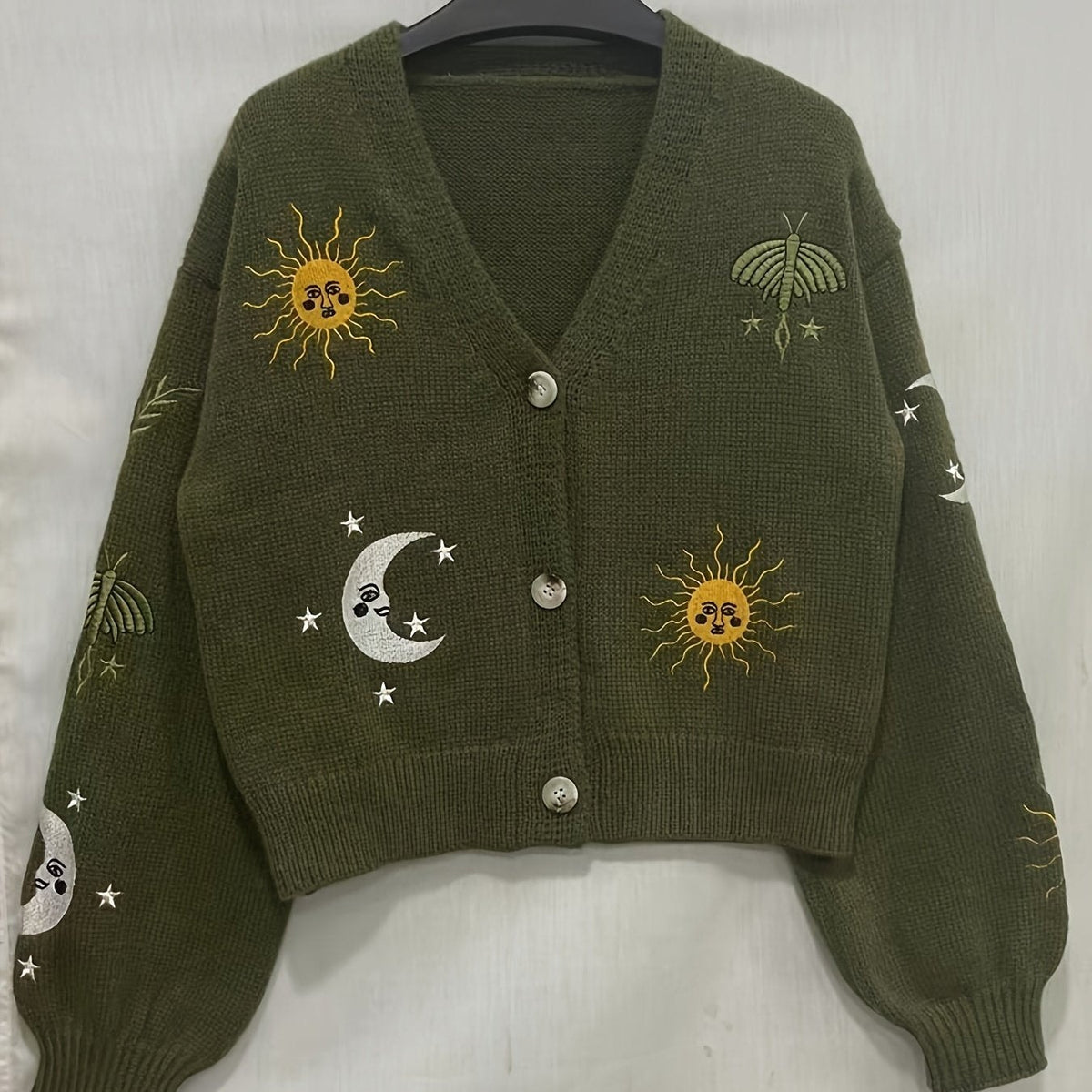 Bestickte Strickjacke Damen mit Sonne Mond Sterne Motiven