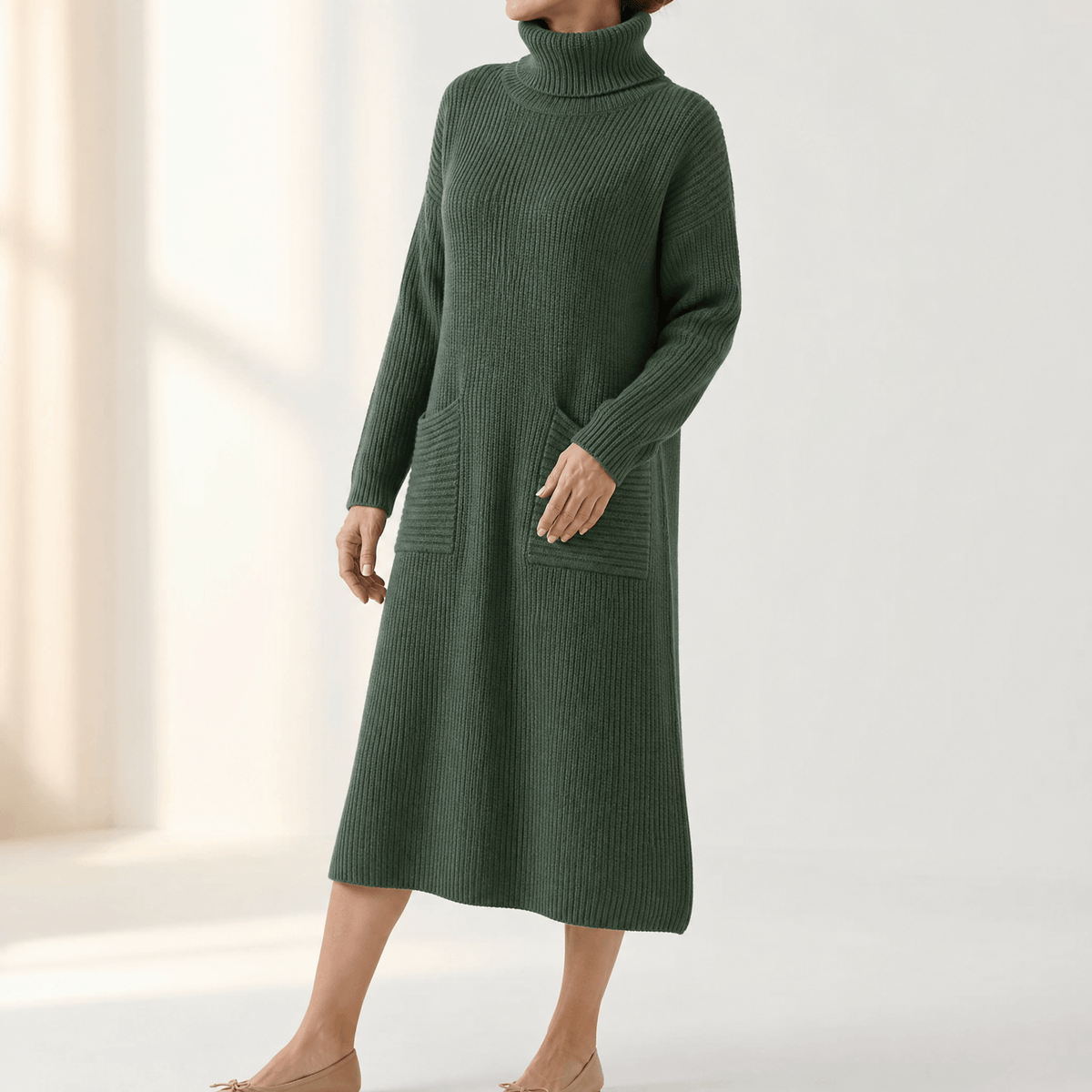 Velara Rollkragen Strickkleid Damen Übergrösse mit Taschen im Maxi-Schnitt
