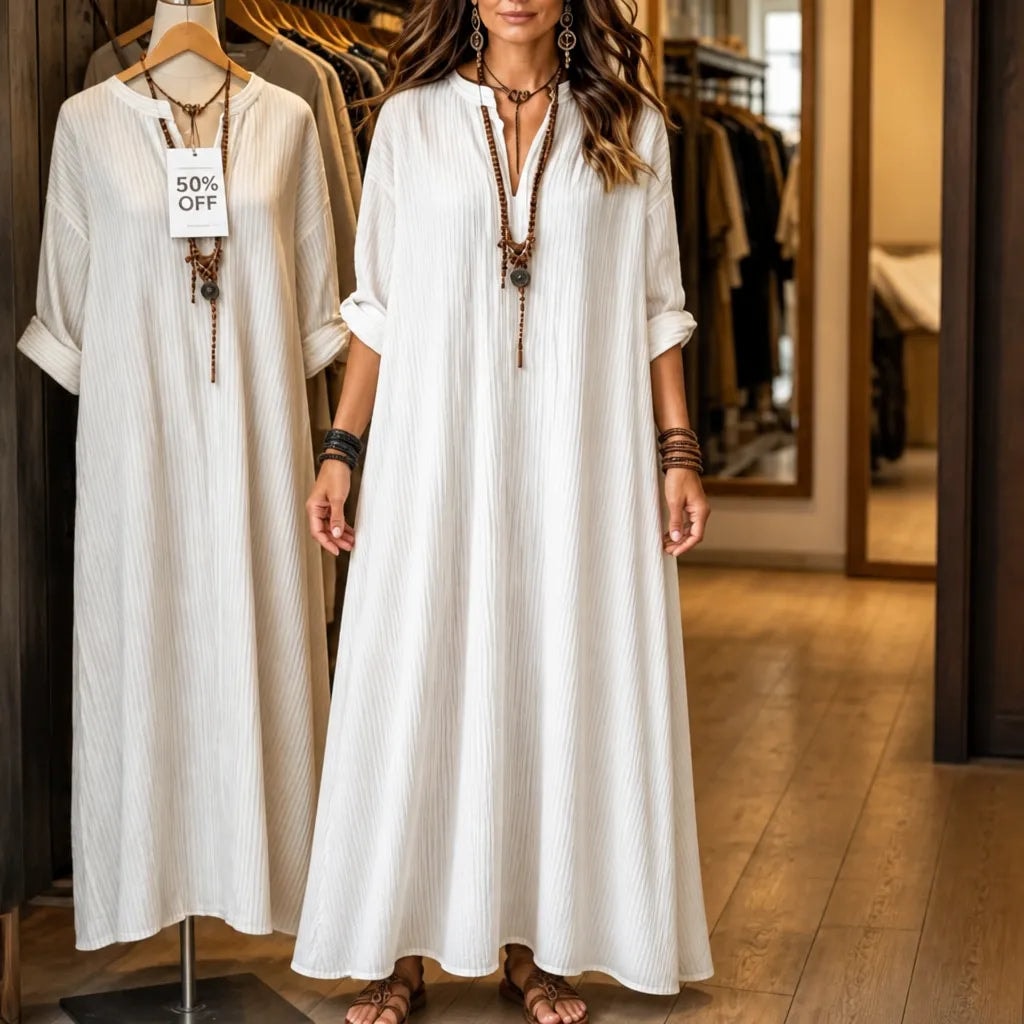Gestreiftes Boho V-Ausschnitt Maxikleid mit Taschen und Langarm