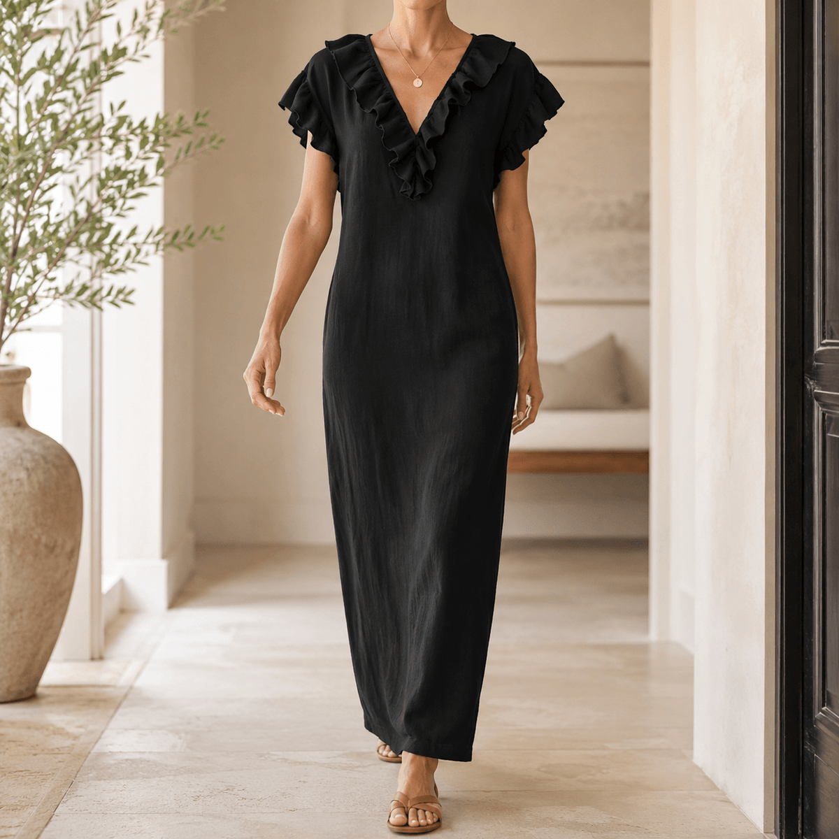 Rüschen-Maxikleid mit V-Ausschnitt und Taschen für Damen