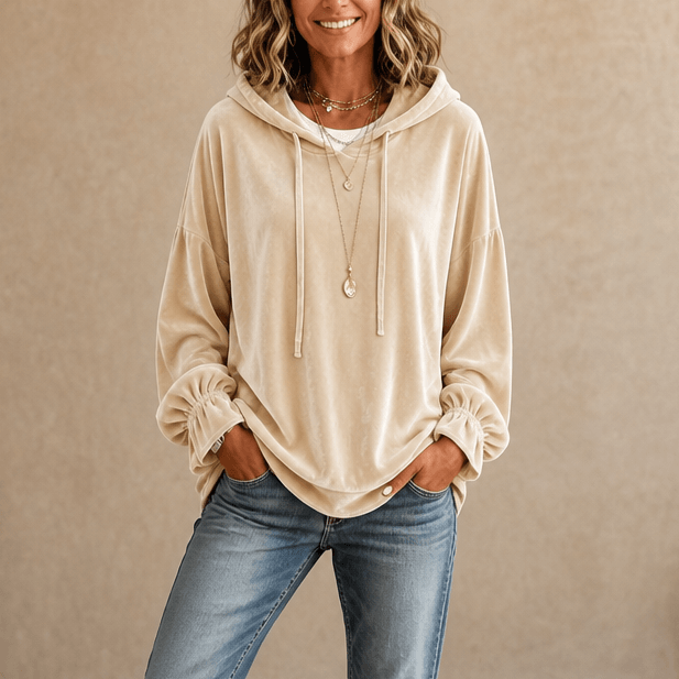 Kapuzensweatshirt mit Rüschenbündchen aus Samt für Damen