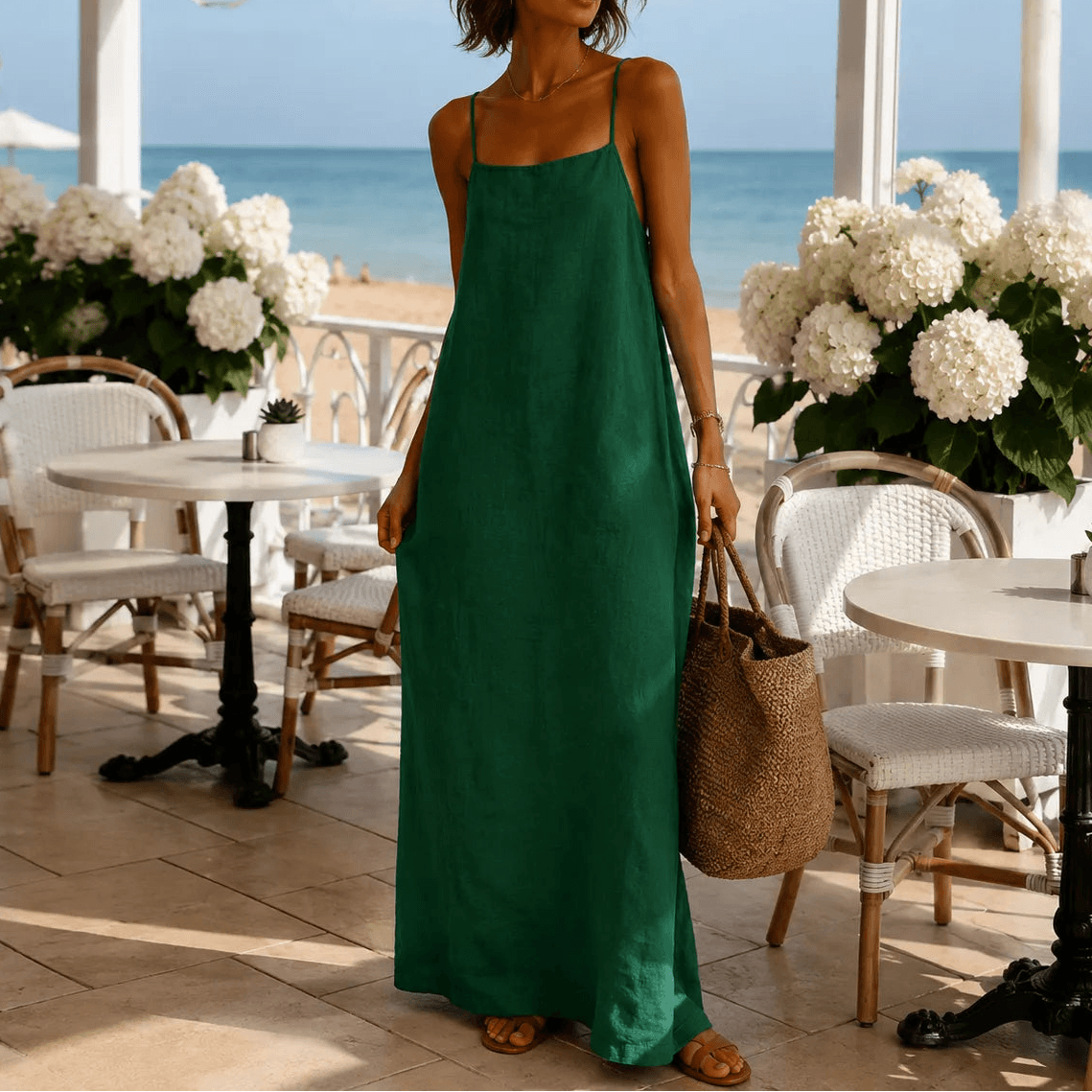 Ärmelloses Leinen-Optik Maxikleid mit Trägern für Damen