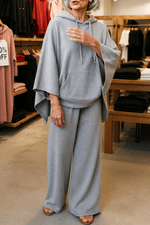 Damen Weite Stoffhose mit Kapuzenponcho im Zweiteiler-Set