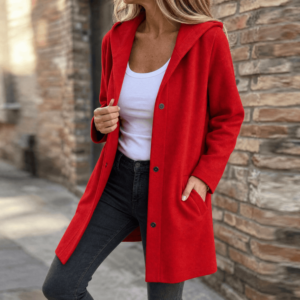 Damen Strickjacke mit Kapuze und Knopfleiste im Longline-Schnitt