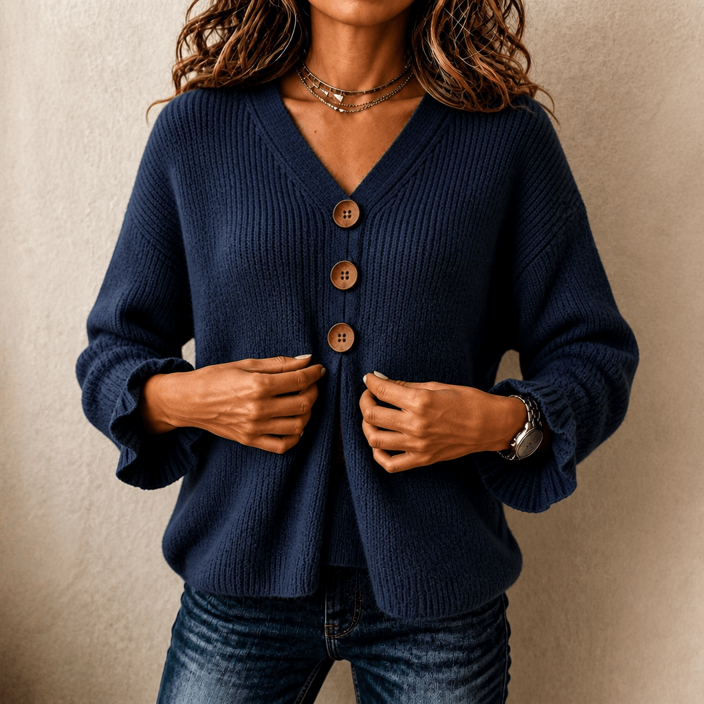 Damen V-Ausschnitt Strickpullover mit Knopfleiste und Rippstruktur