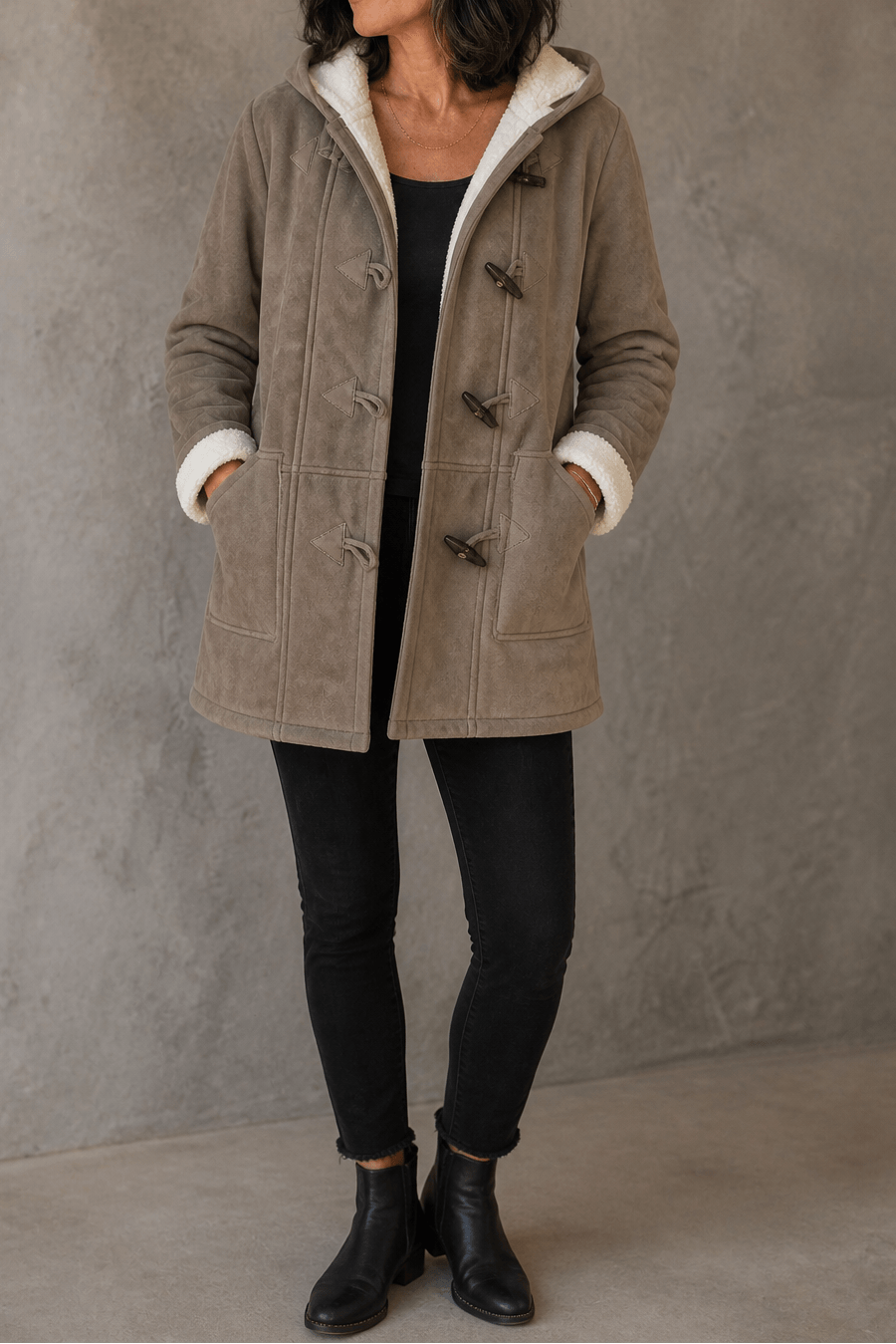 Kapuzenmantel aus Kunstwildleder mit Plüschfutter für Damen