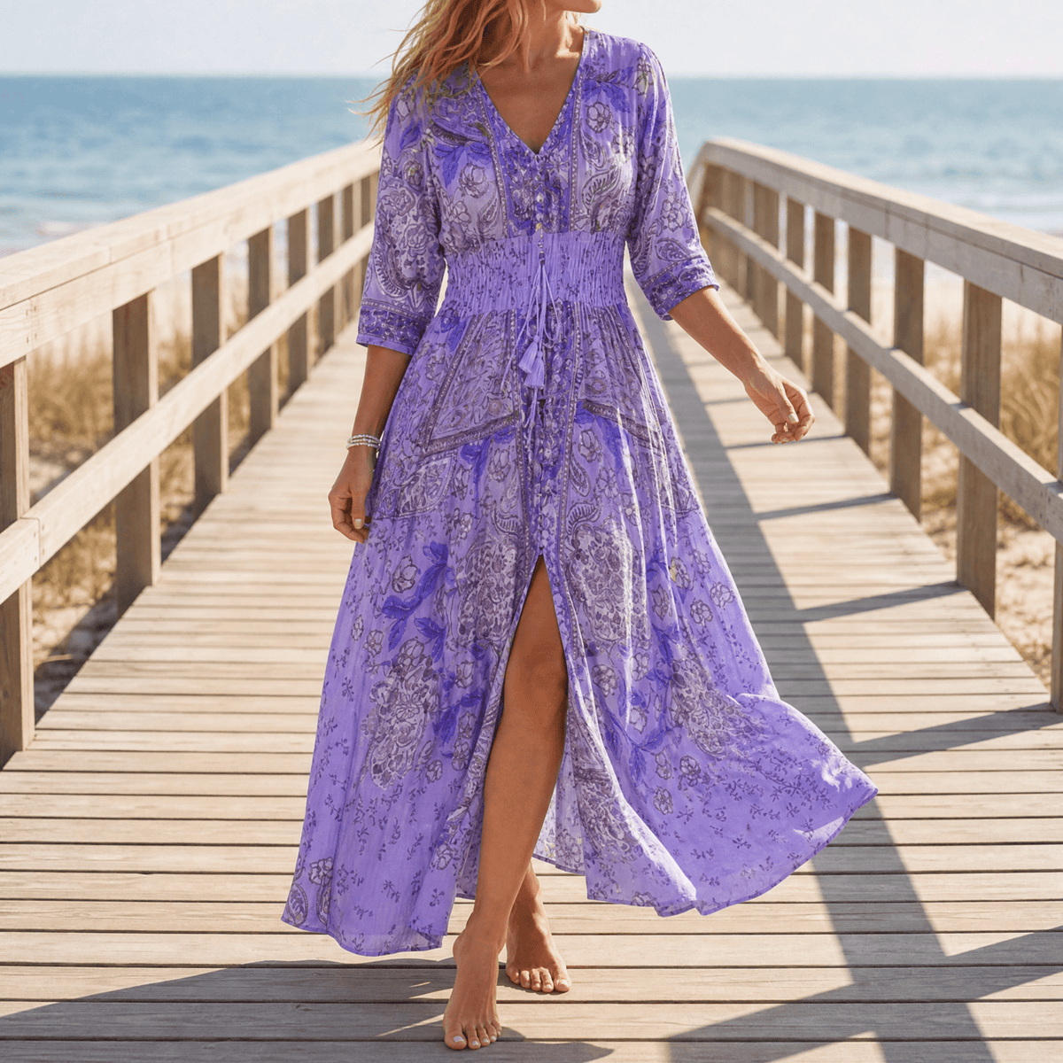 Fliessendes Boho-Maxikleid mit Blumendruck und V-Ausschnitt
