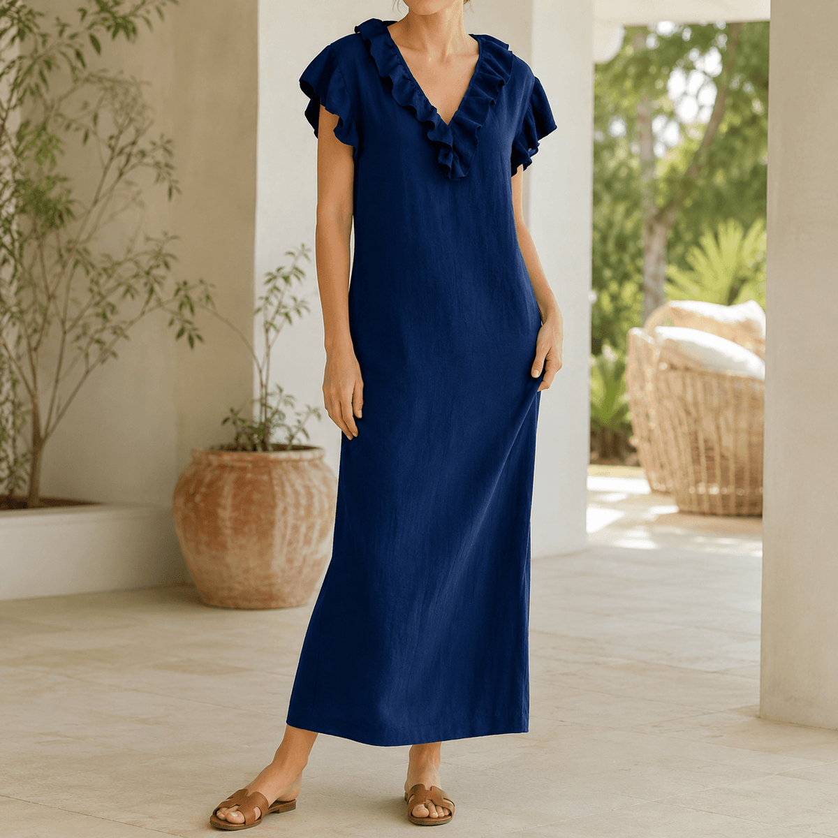 Rüschen-Maxikleid mit V-Ausschnitt und Taschen für Damen