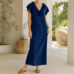 Rüschen-Maxikleid mit V-Ausschnitt und Taschen für Damen
