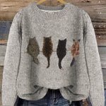 Grobstrick Rundhals Damenpullover mit Katzen-Motiv und Rippbündchen