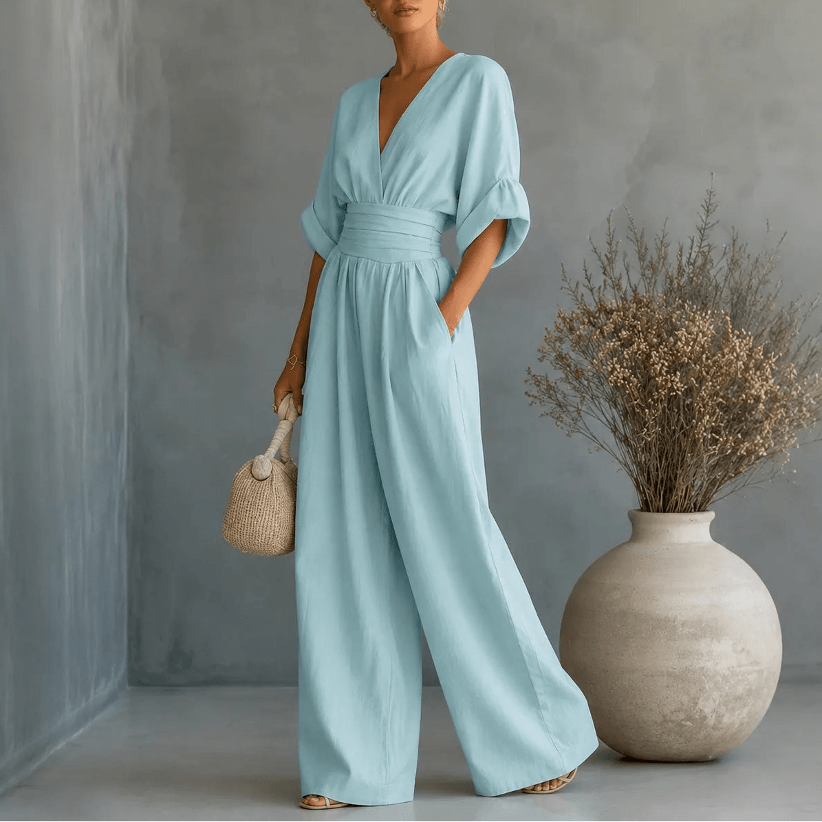 Weiter Jumpsuit mit V-Ausschnitt und plissiertem Taillengürtel als Zweiteiler-Look