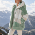 Damen Colorblock Kunstfell Jacke Oversized mit Kapuze