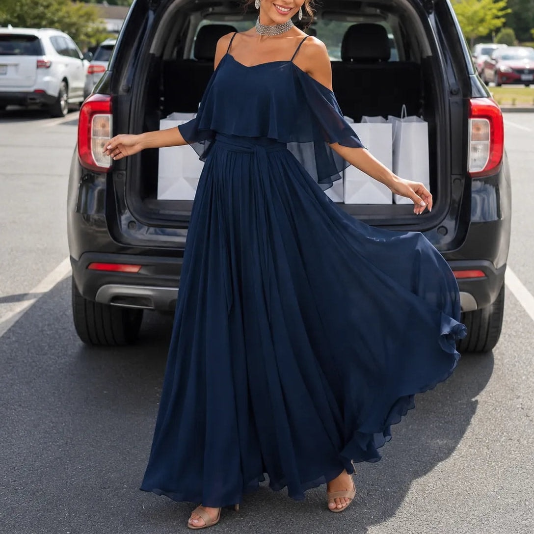 Kaltschulter Maxikleid mit Wickeloptik und Chiffon-Cape für Damen