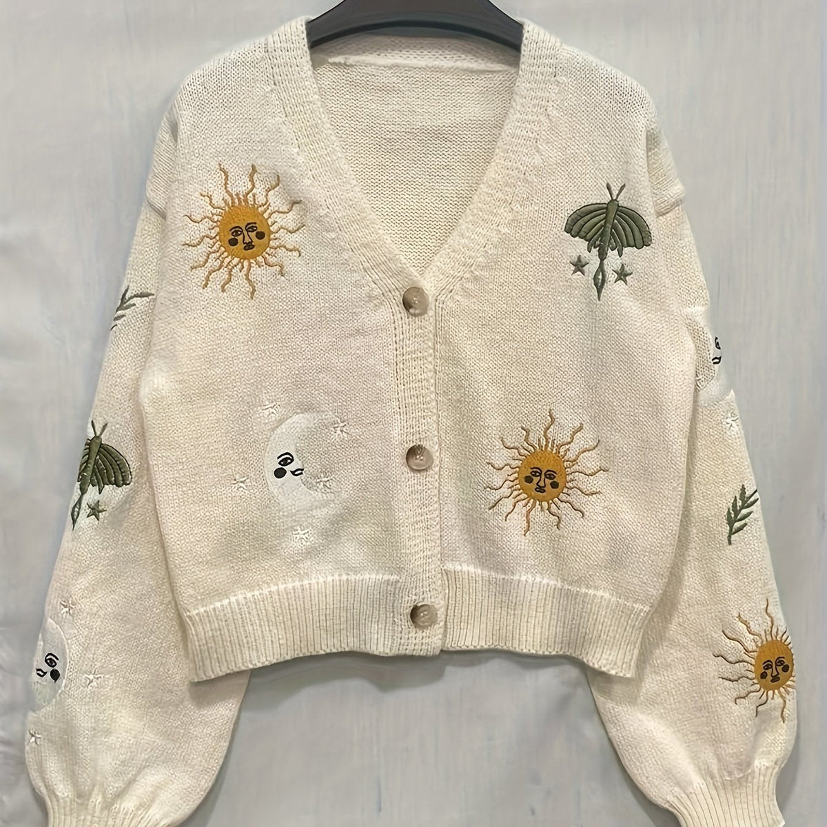Bestickte Strickjacke Damen mit Sonne Mond Sterne Motiven