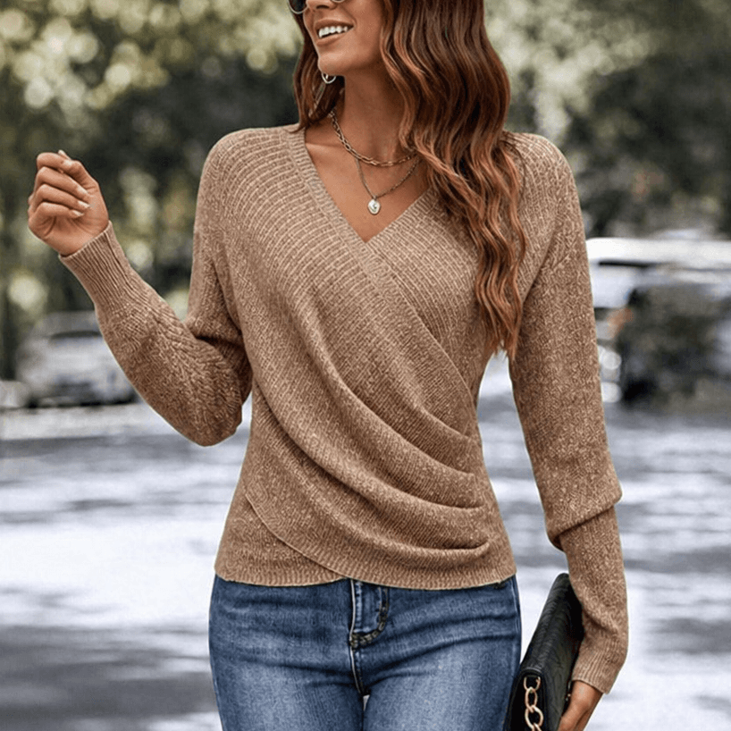 Wickel-Strickshirt mit V-Ausschnitt für Damen aus Feinstrick