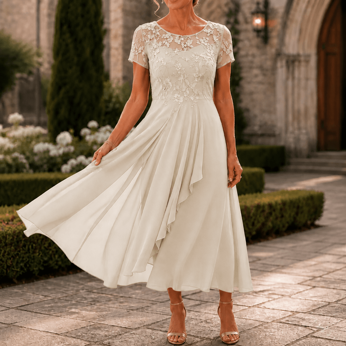 Blumen-Midikleid für Damen aus Spitze mit Chiffon-Rock und kurzen Ärmeln