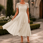 Blumen-Midikleid für Damen aus Spitze mit Chiffon-Rock und kurzen Ärmeln