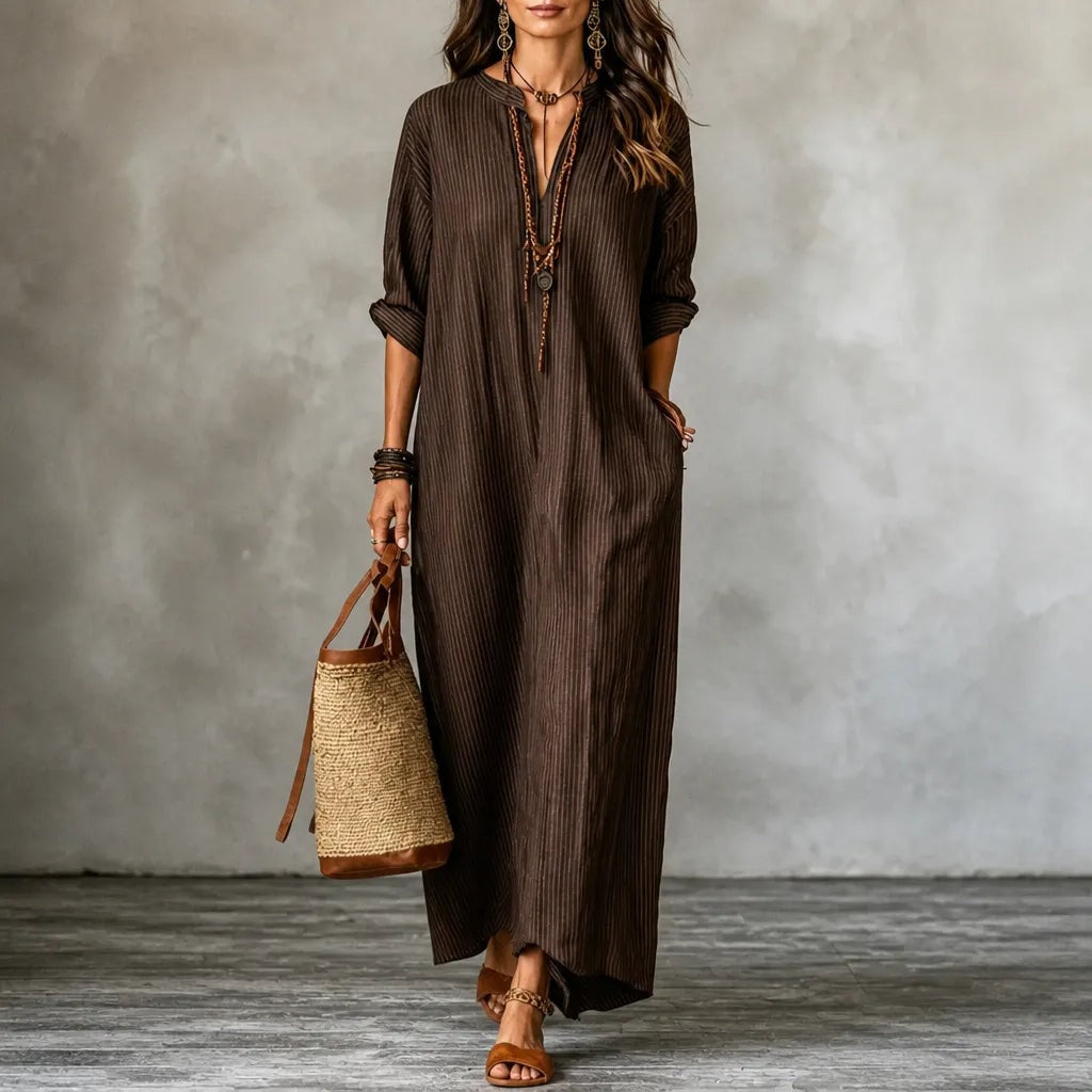 Gestreiftes Boho V-Ausschnitt Maxikleid mit Taschen und Langarm