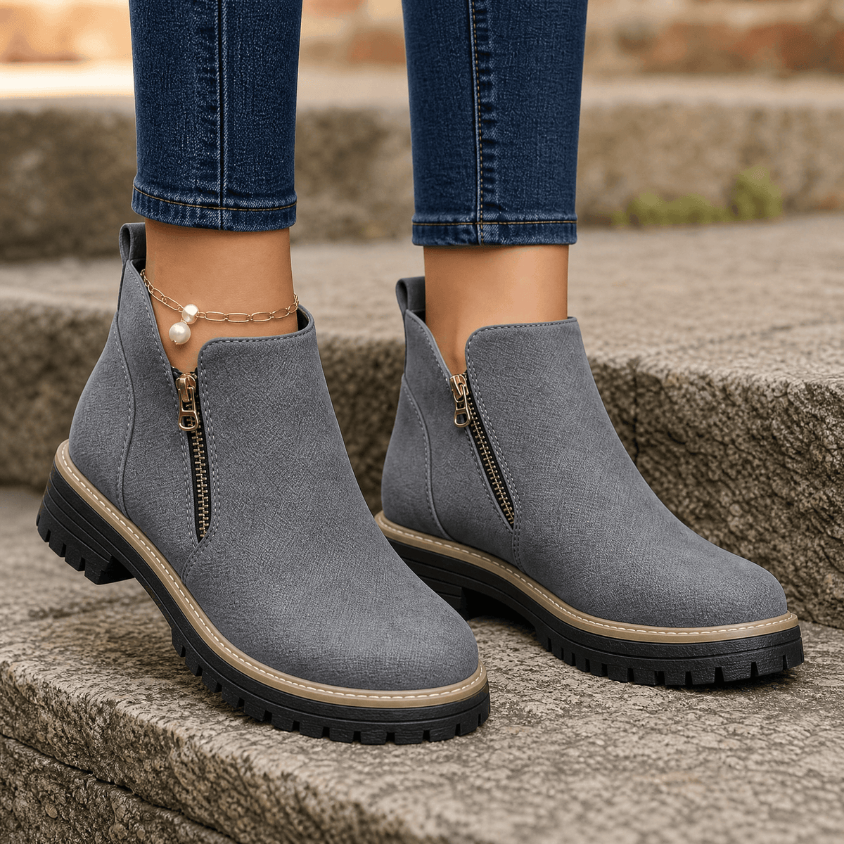 Damen Plateau-Stiefeletten mit Blockabsatz und Seitreissverschluss
