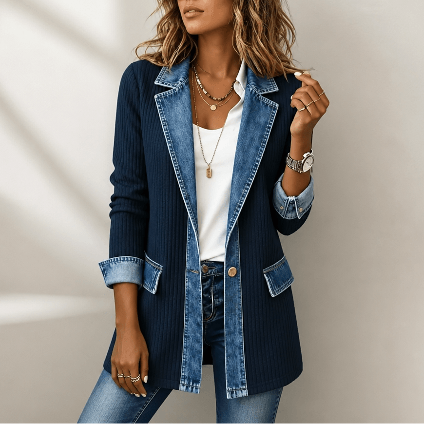 Strickjacke mit Denim-Paneelen und gerippter Struktur