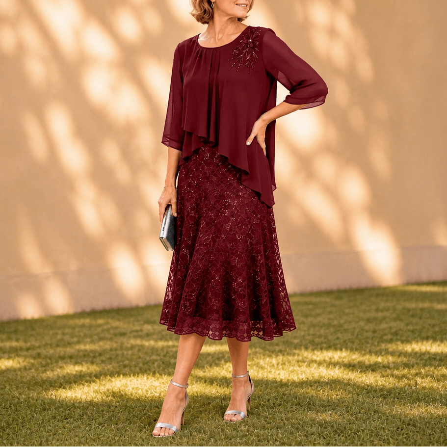 Elegantes Midikleid mit Spitzenoverlay und Chiffonärmeln
