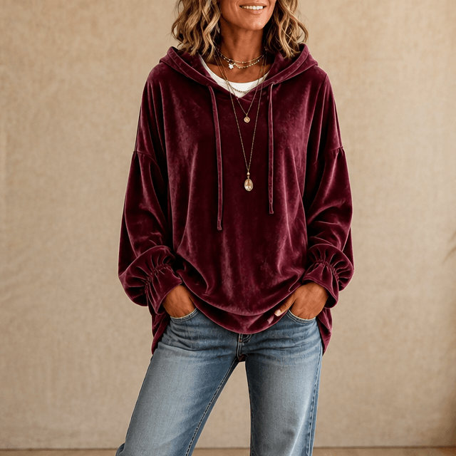 Kapuzensweatshirt mit Rüschenbündchen aus Samt für Damen
