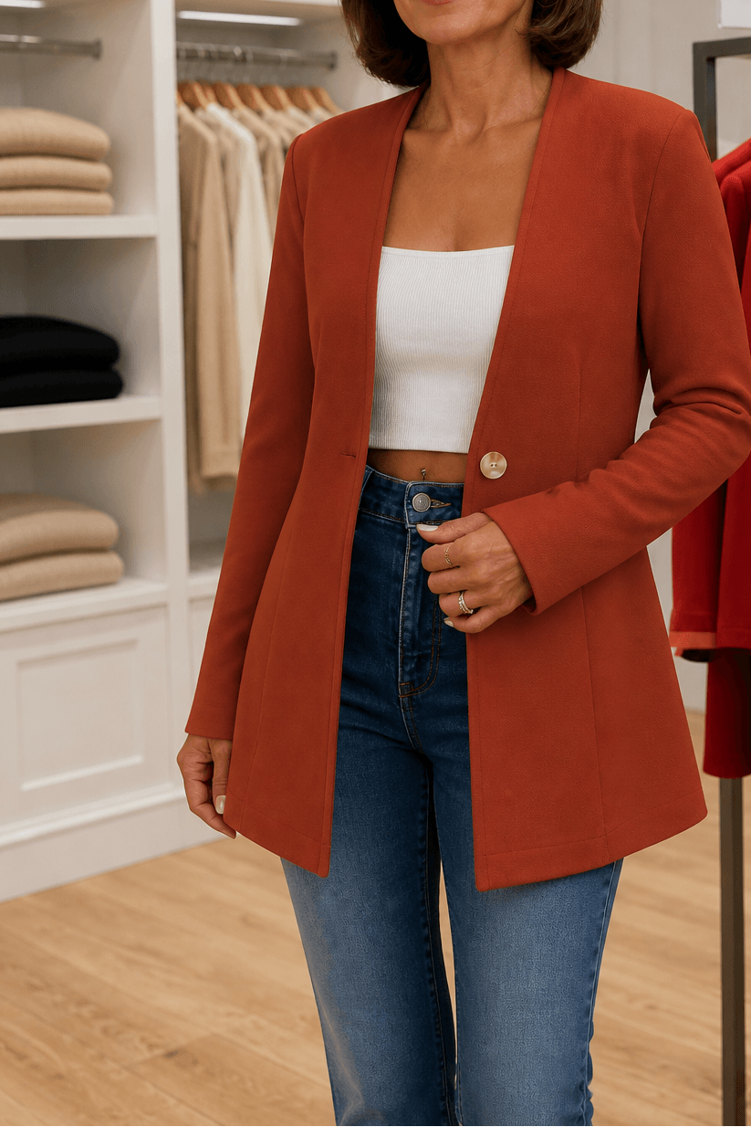 Linevalle Langer Blazer mit V-Ausschnitt und Einknopfverschluss für Damen aus Polyester