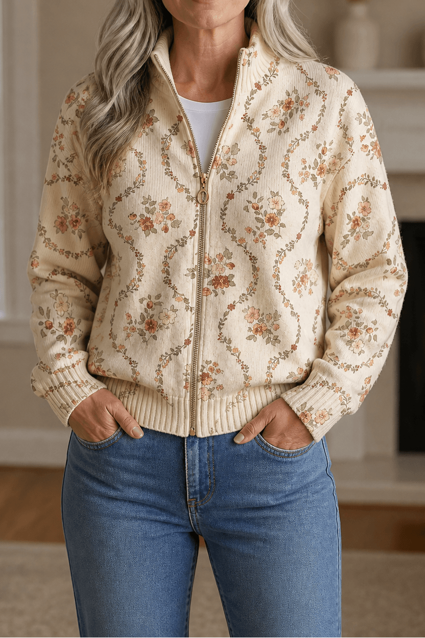 Botanischer Strick-Cardigan mit durchgehendem Reissverschluss für Damen