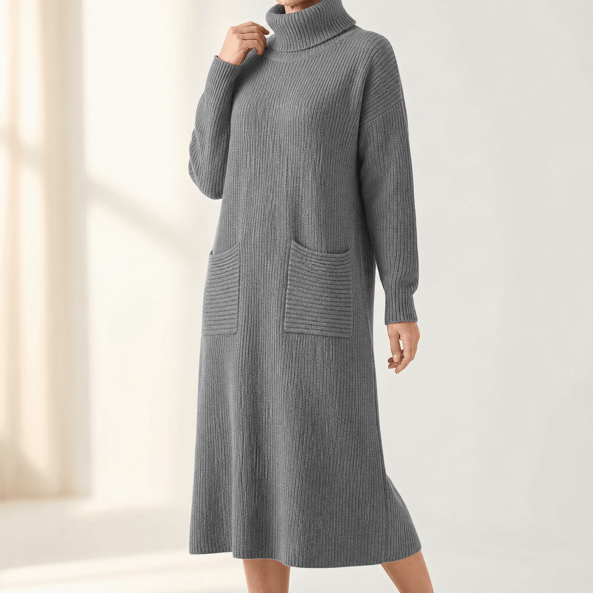 Velara Rollkragen Strickkleid Damen Übergrösse mit Taschen im Maxi-Schnitt