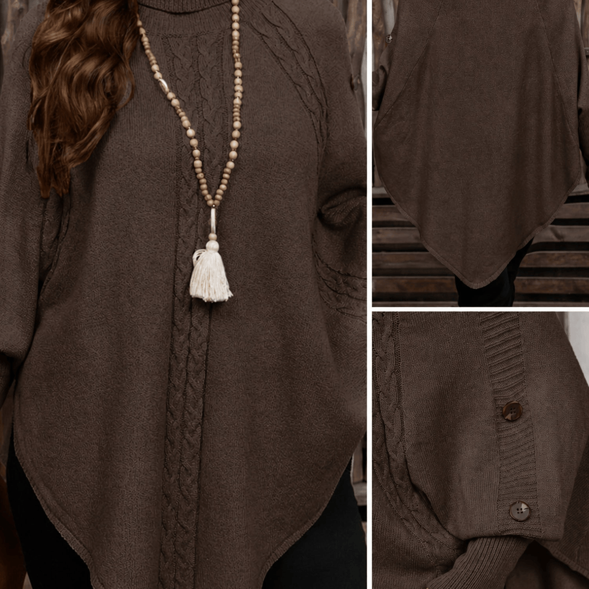 Poncho Pullover mit Rollkragen Zopfmuster und Knopfleiste für Damen