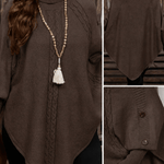 Poncho Pullover mit Rollkragen Zopfmuster und Knopfleiste für Damen