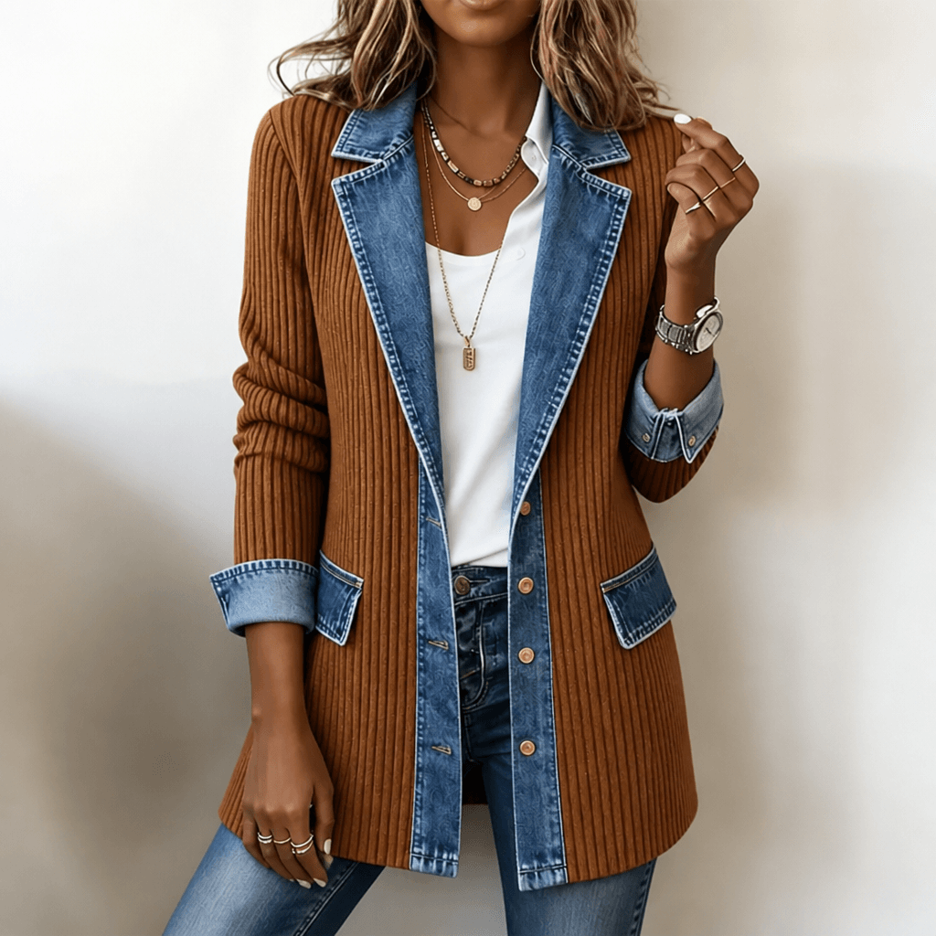Strickjacke mit Denim-Paneelen und gerippter Struktur