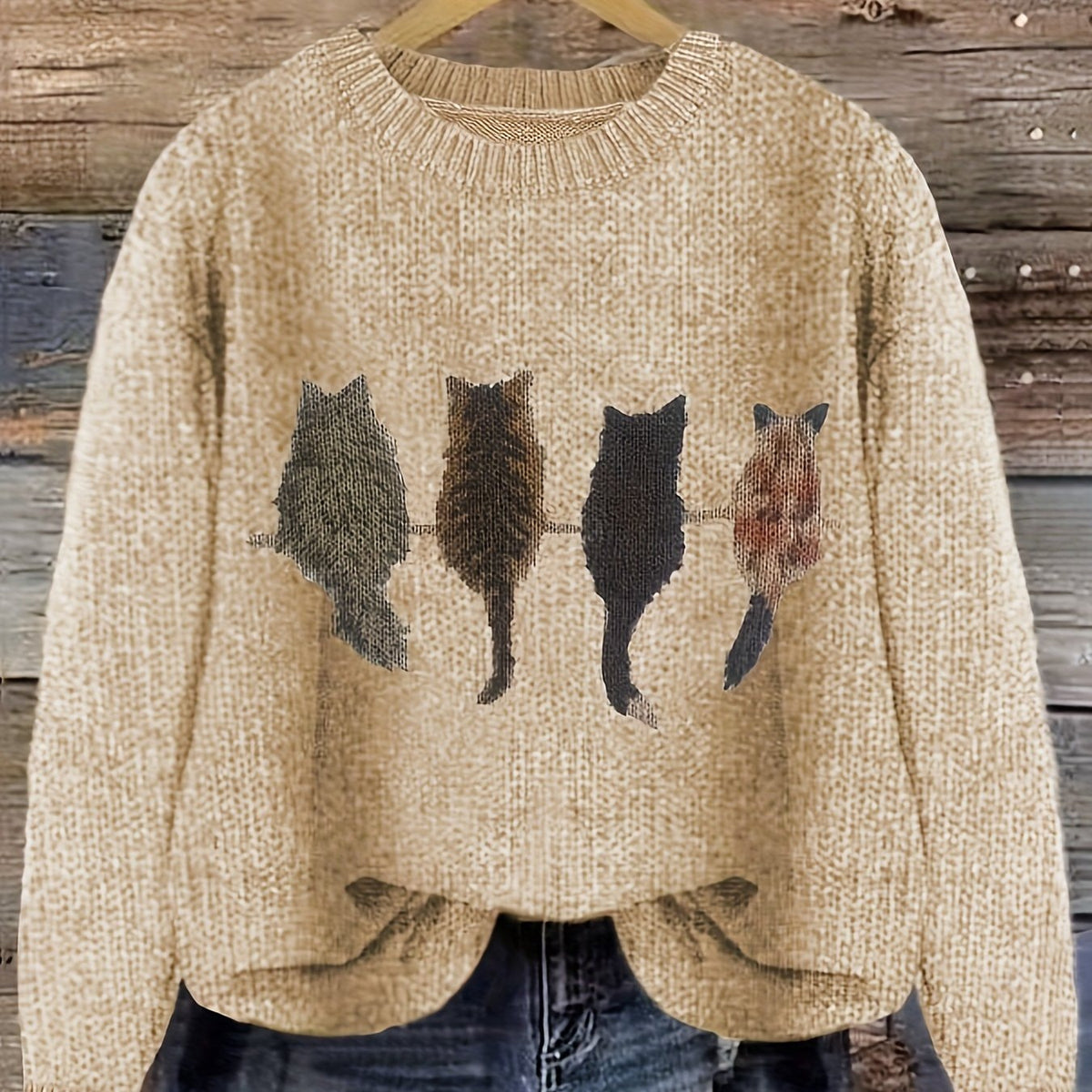 Grobstrick Rundhals Damenpullover mit Katzen-Motiv und Rippbündchen