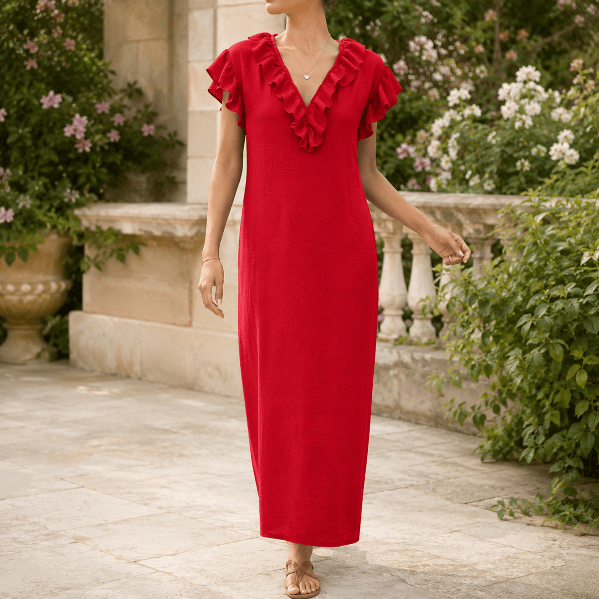 Rüschen-Maxikleid mit V-Ausschnitt und Taschen für Damen