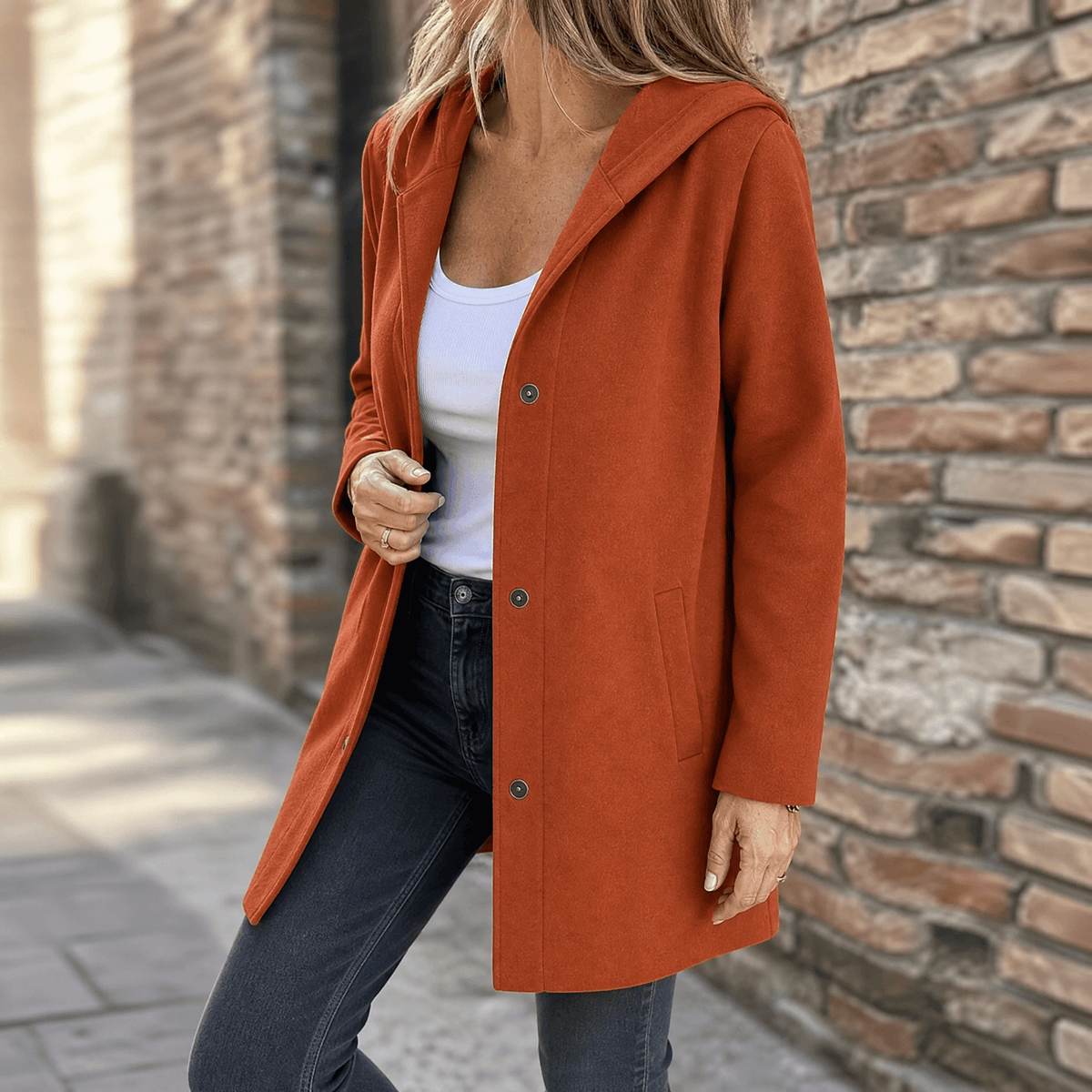 Damen Strickjacke mit Kapuze und Knopfleiste im Longline-Schnitt