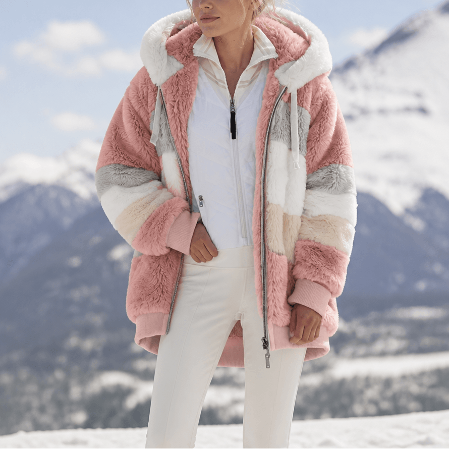 Damen Colorblock Kunstfell Jacke Oversized mit Kapuze
