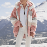 Damen Colorblock Kunstfell Jacke Oversized mit Kapuze