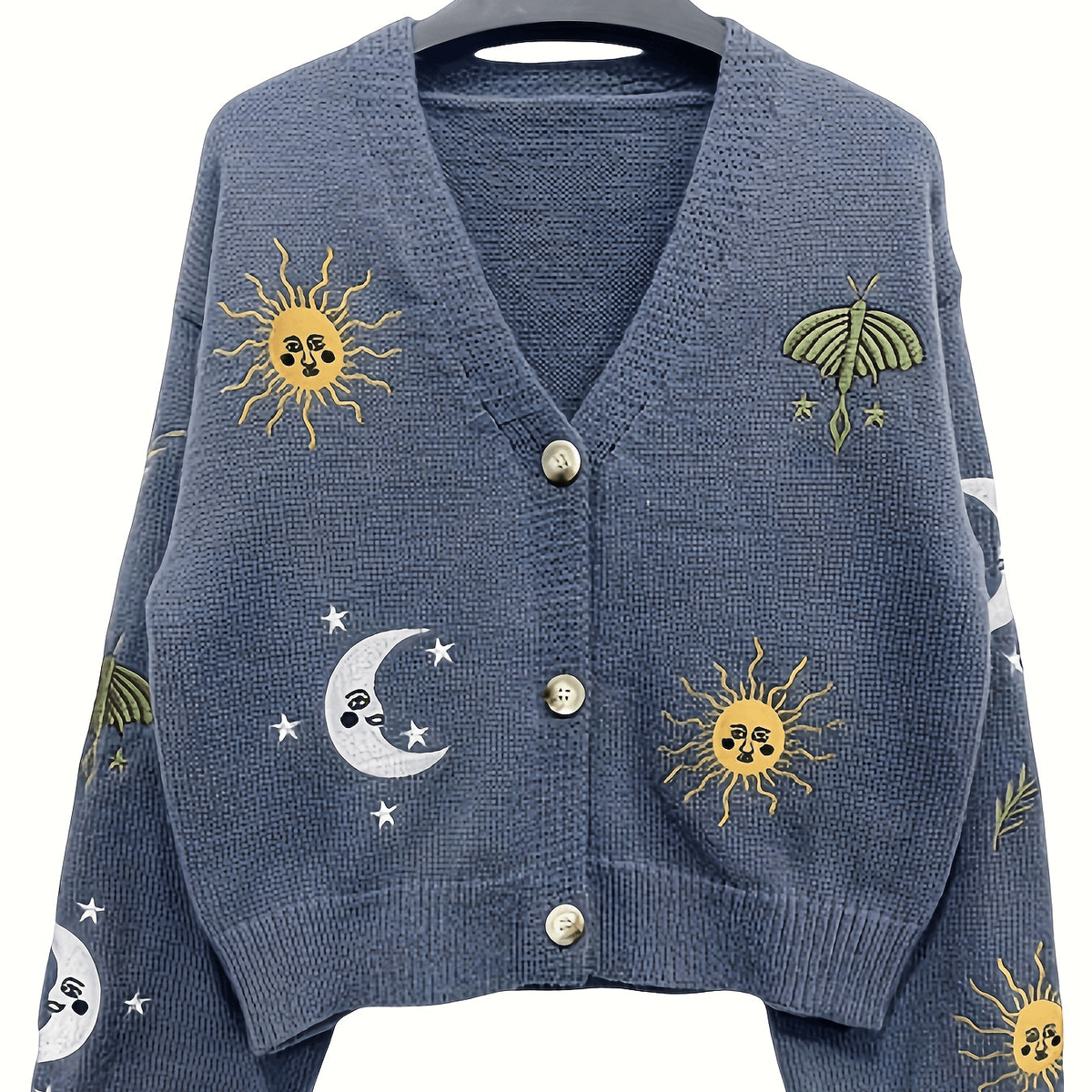 Bestickte Strickjacke Damen mit Sonne Mond Sterne Motiven