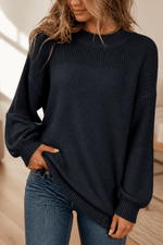 Oversized Damen Rippstrick-Wollpullover mit Wasserfallausschnitt und lässigem Schulterfall
