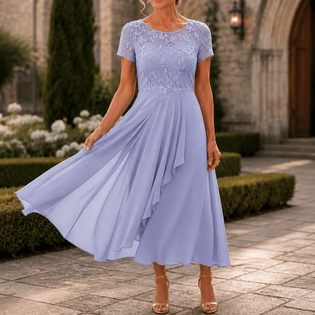 Blumen-Midikleid für Damen aus Spitze mit Chiffon-Rock und kurzen Ärmeln