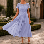 Blumen-Midikleid für Damen aus Spitze mit Chiffon-Rock und kurzen Ärmeln