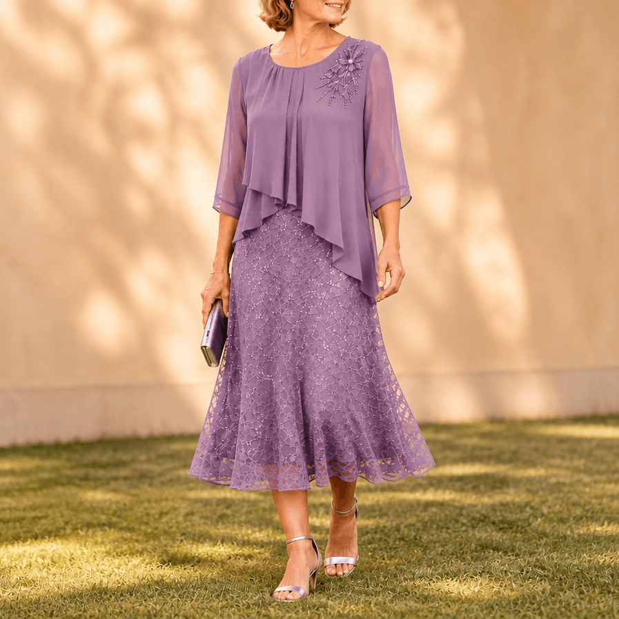 Elegantes Midikleid mit Spitzenoverlay und Chiffonärmeln