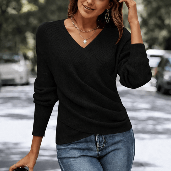Wickel-Strickshirt mit V-Ausschnitt für Damen aus Feinstrick
